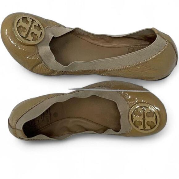 Tory Burch Tan Beige Patent Leather Ballet Flats Neutral Minimalist Preppy 6 - Picture 3 of 6